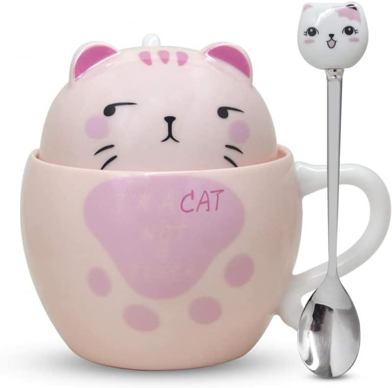 6. Notrefly Cat Mug With Lid And Lovely Stainless Steel Spoon