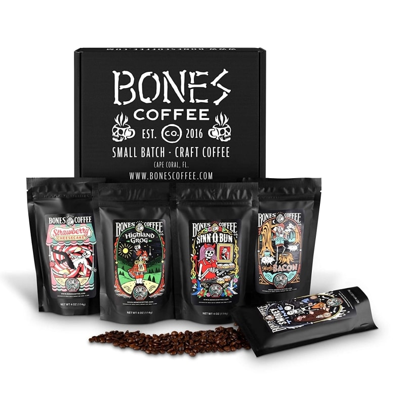 3. Bones Coffee Flavored Whole Bean Coffee Sampler Gift Box Set 