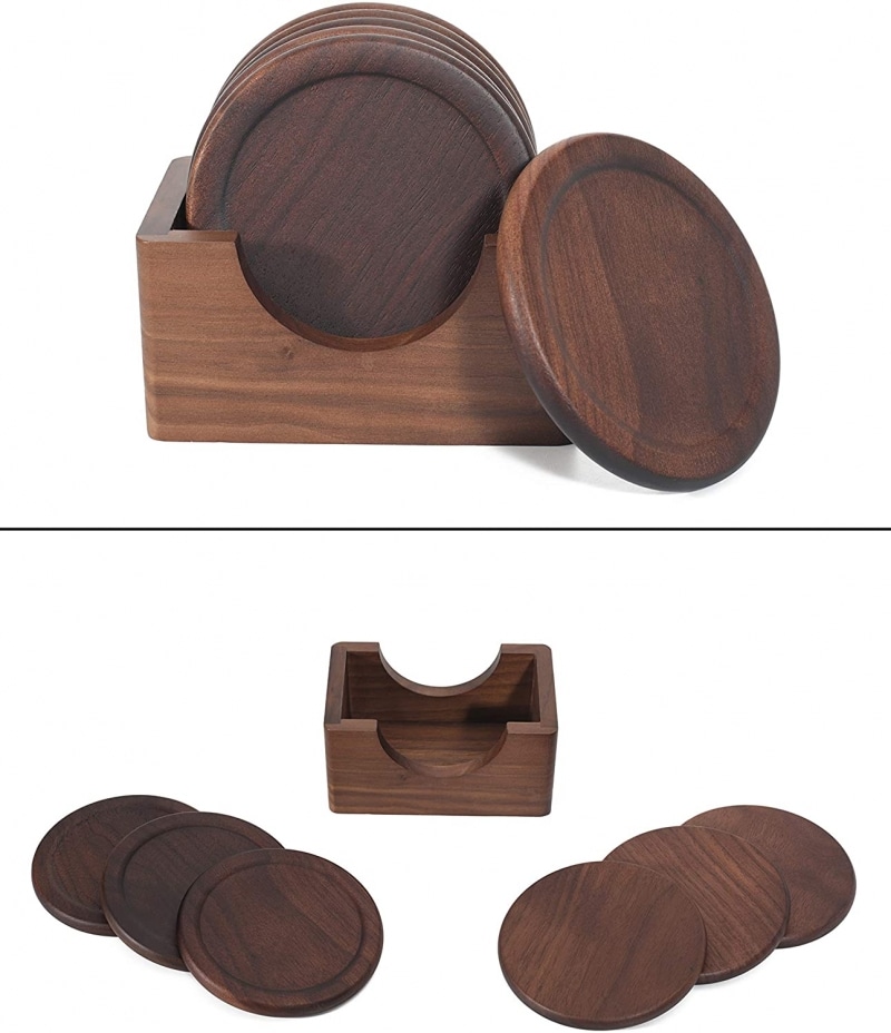 10. Mu&Ti Walnut Dark Wood Coaster Set