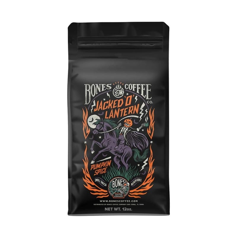 2. Bones Coffee Company Flavored Coffee Beans, Jacked 'O' Lantern Pumpkin Spice Ground Coffee Beans 