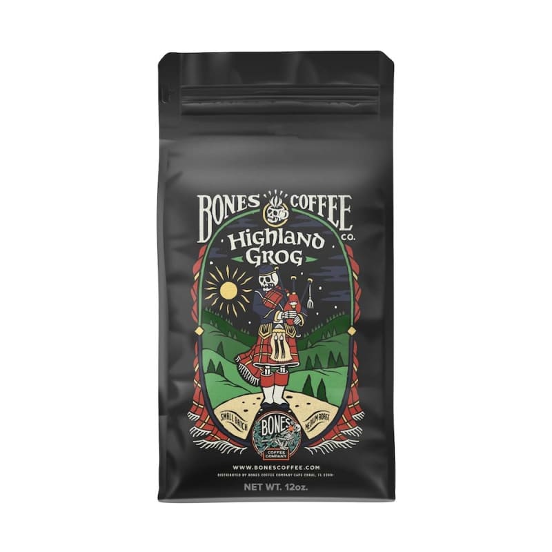 4. Bones Coffee Company Flavored Coffee Beans, Highland Grog Ground Coffee Beans 