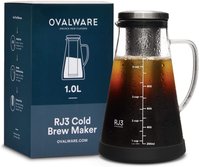 7. Ovalware RJ3 Brewing Glass Carafe with Removable Stainless Steel Filter 