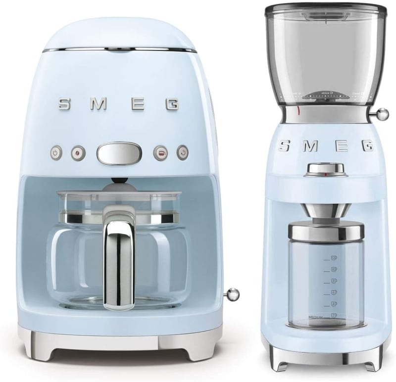 3. Pastel Blue Smeg Drip Coffee Maker with Coffee Grinder 