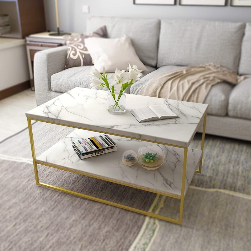 7. Roomfitters White Marble Print Coffee Table with Gold Metal Legs